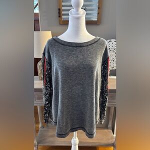 Indigo Thread Co Waffle Knit Top with Patterned Sleeves